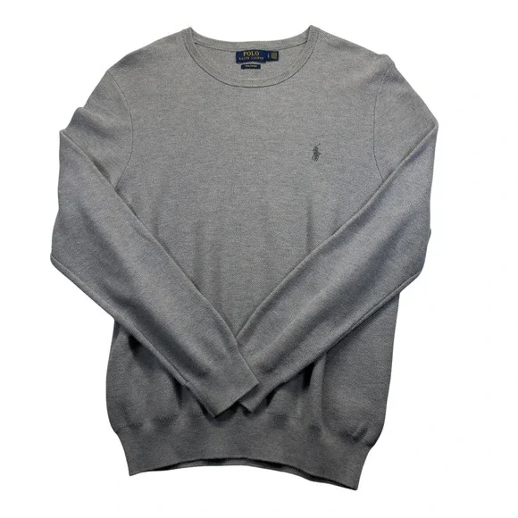 Polo Ralph Lauren Pima Cotton Sweater Men L Gray Crewneck Knit Pony Logo - Picture 2 of 8